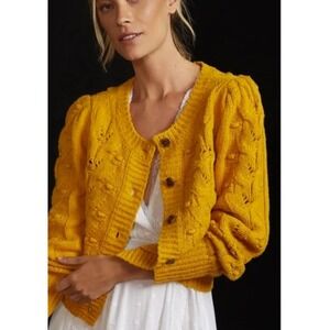 Anthropologie Mustard Yellow Cable Knit Puff Sleeve Button Front Cardigan M
